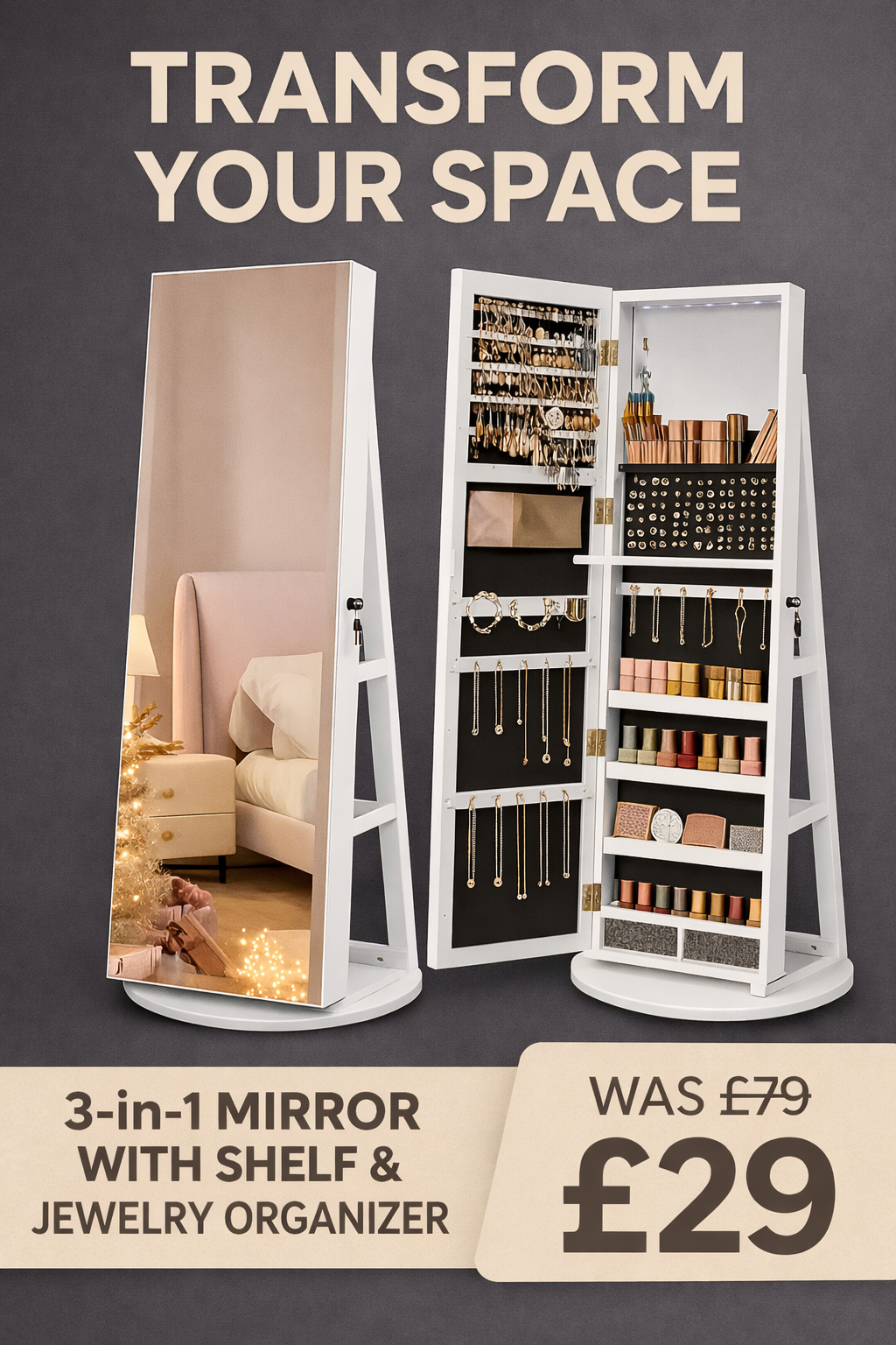 ✨ 3-in-1 Mirror with Shelf & Jewellery Organiser – Style Meets Function