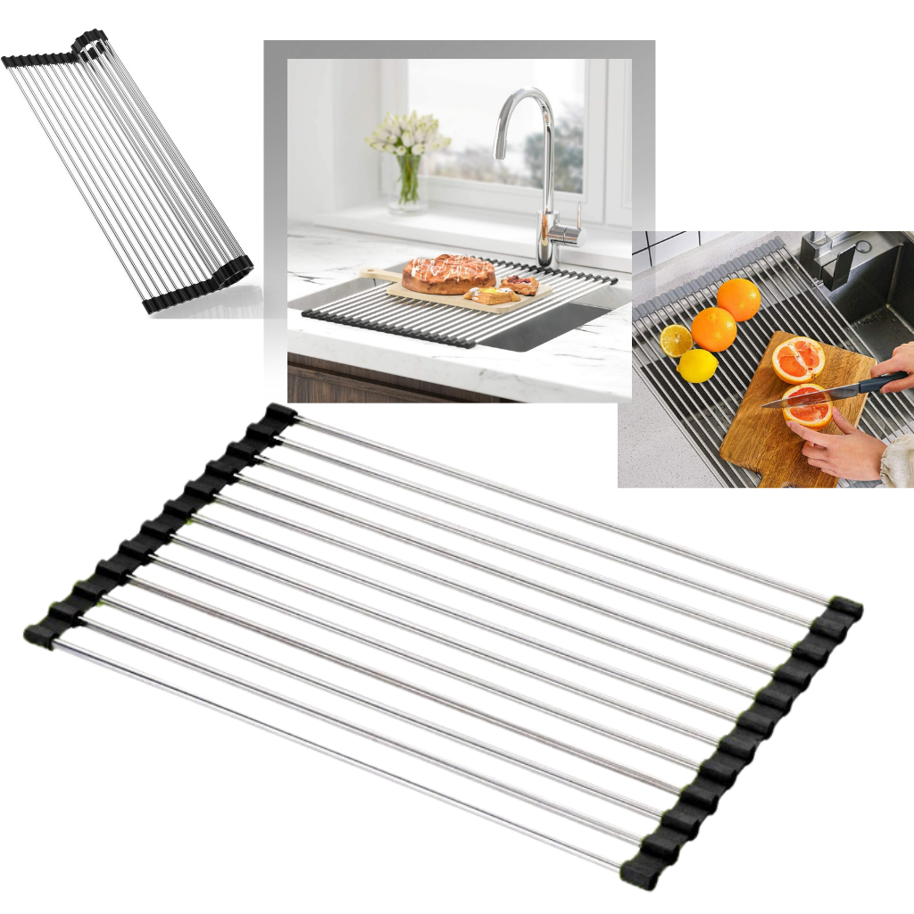 Roll-up stainless steel drainer for dishes and food